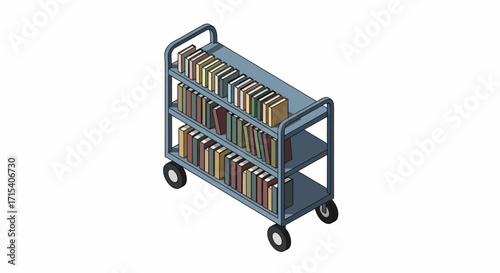Isometric illustration of a rolling library cart filled with books.