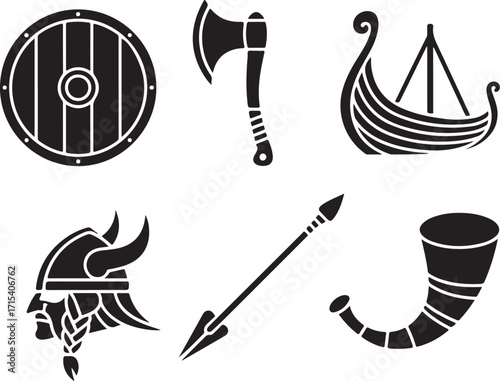 Viking icons shield axe boat helmet spear horn