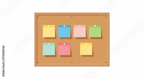Flat design cork board with colorful sticky notes and pushpins.