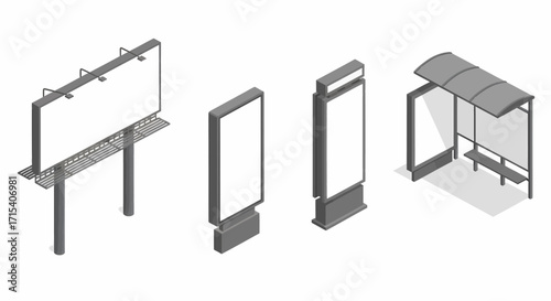 Isometric Illustration of Blank Billboard Street Advertising Panels and Bus Stop Advertisement.