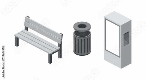 Isometric Urban Street Furniture Set with Bench Trash Can and Kiosk.