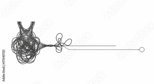 Tangled complex lines unraveling into a simple straight path with a clear endpoint.