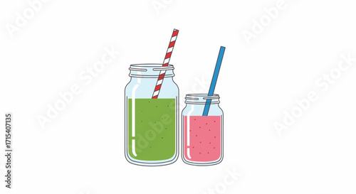 Two Mason Jars of Smoothies with Straws.