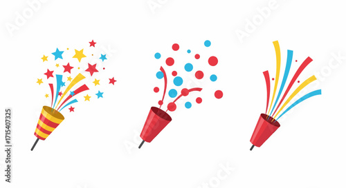 Festive Confetti Poppers Exploding with Stars and Circles.