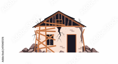 Derelict House with Cracked Walls and Wooden Supports.