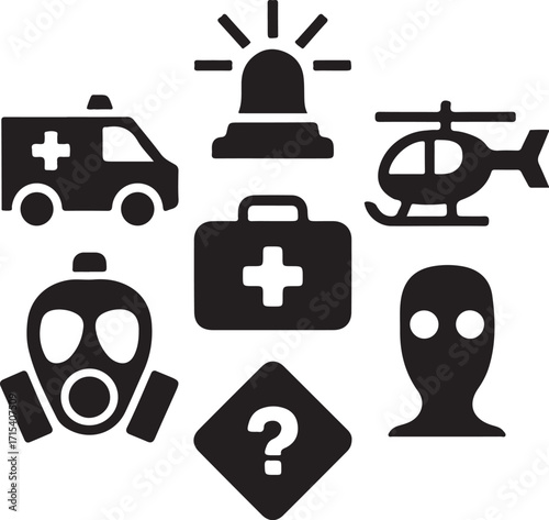 Emergency response icons: ambulance, mask, helicopter, first aid