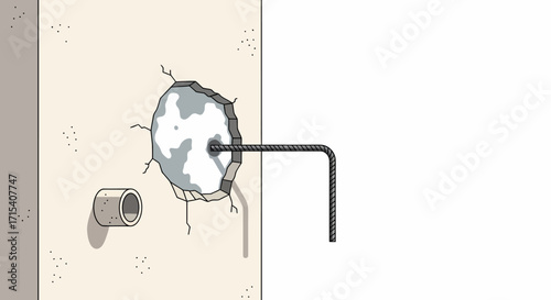 Cartoon Wall with Hole Pipe and Bent Metal Rod Illustration.
