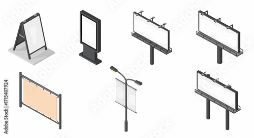 Isometric Advertising Signage Collection with Blank Surfaces.