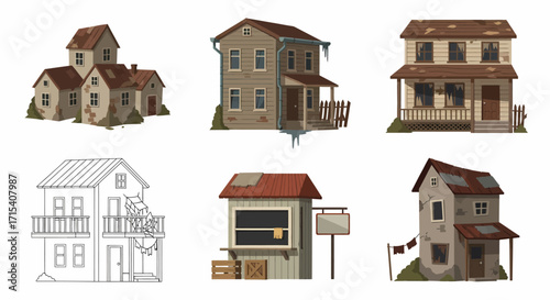 Collection of dilapidated and abandoned houses and structures.