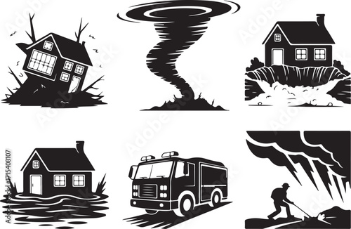 Emergency disaster icons natural destruction rescue services