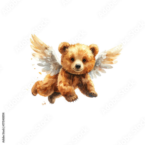 A brown, fluffy teddy bear flying with tiny angel wings, watercolor , perfect for a child's gift