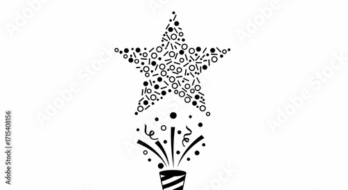 Festive party popper bursting with confetti and streamers that form a large star.