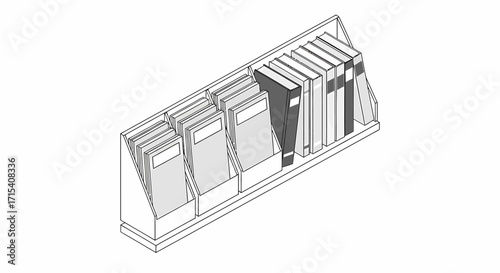 A minimalist black and white line art illustration of a book display shelf with organized books and magazines.