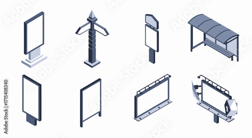 Isometric Outdoor Advertising and Public Transport Elements Set.