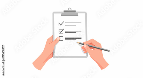 Hands holding clipboard with checklist and pencil marking completed tasks.