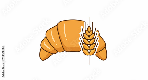 Golden Croissant with Wheat Ear Bakery Illustration.