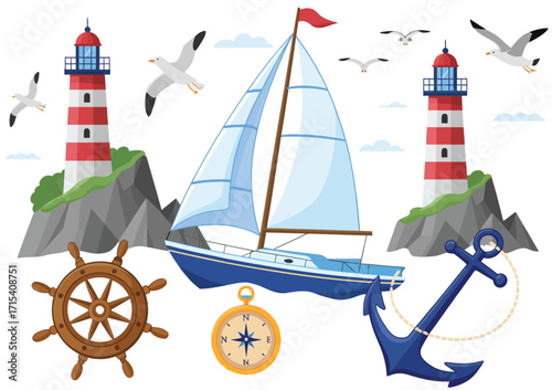 Nautical illustration with sailboat, lighthouses, anchor, and seagulls.
