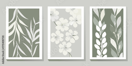 Set of three minimalist botanical art prints featuring abstract floral and leaf designs in muted green and white tones
