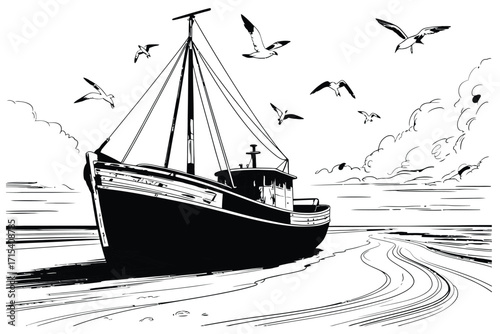 Fishing boat on shore with seagulls, hand drawn black and white sketch.