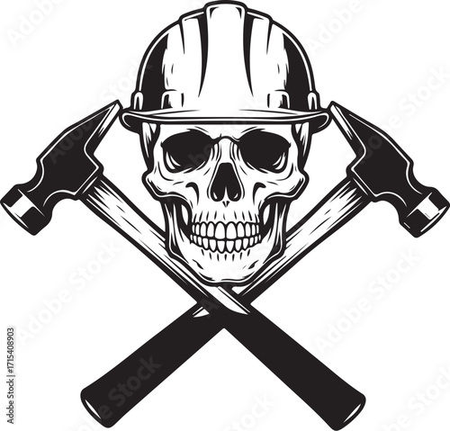 Skull hard hat hammers construction emblem silhouette