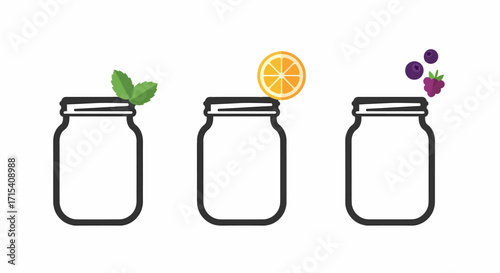Three Mason Jars with Ingredients for a Refreshing Summer Drink.