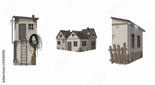 Set of three weathered dilapidated buildings.