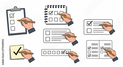 A collection of cartoon hands with pencils marking checkboxes on various lists clipboards and notepads.