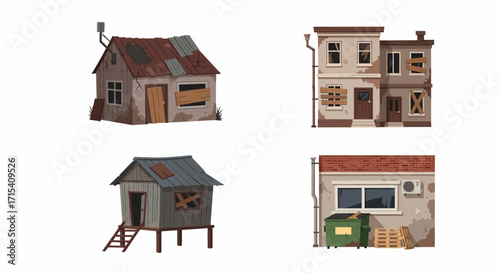 Cartoon Illustrations of Dilapidated Abandoned and RunDown Buildings.