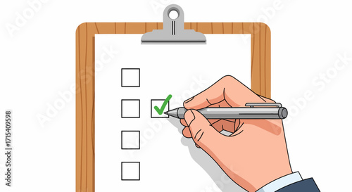 Hand with pen making green checkmark on a paper checklist on a wooden clipboard.