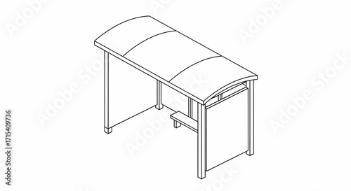 Isometric Line Art Illustration of a Bus Stop Shelter with Bench.