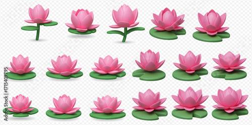 Collection of stylized pink lotus flowers with green leaves in various stages of bloom, arranged on a transparent background.