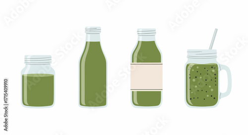 A collection of green smoothies and juices in various glass bottles and jars.
