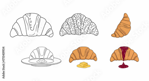Collection of Croissant Illustrations Line Art and Color Variations.
