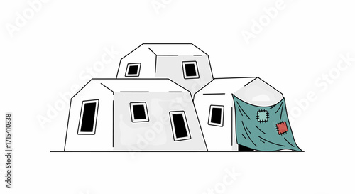Simple Line Drawing of Whitewashed Houses with Patched Fabric.