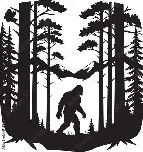 Bigfoot silhouette in mountain forest scene silhouette