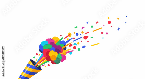 Vibrant Confetti Explosion from Striped Party Popper.