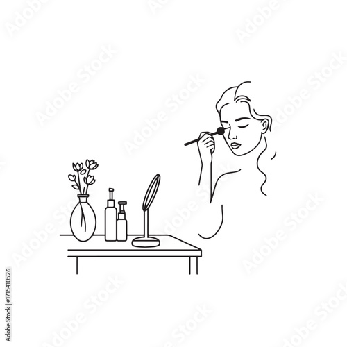 Black and white line art of a beautiful woman doing makeup at dressing table with mirror illustration
