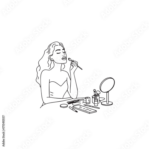 Black and white line art of a beautiful woman doing makeup at dressing table with mirror illustration
