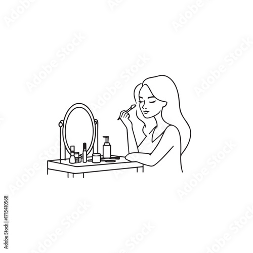 Black and white line art of a beautiful woman doing makeup at dressing table with mirror illustration