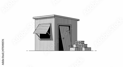 Illustration of a Small Wooden Shed with Open Door and Window.