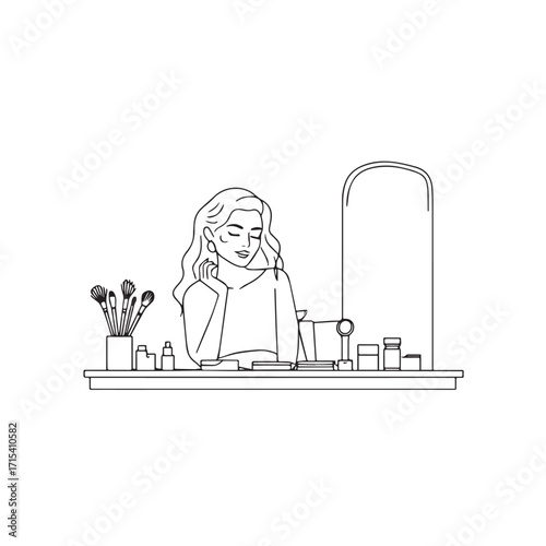 Black and white line art of a beautiful woman doing makeup at dressing table with mirror illustration