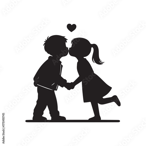 A black silhouette illustration of a boy and a girl holding hands and leaning in as if about to kiss. 