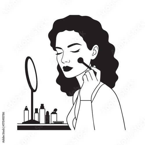 Black and white line art of a beautiful woman doing makeup at dressing table with mirror illustration