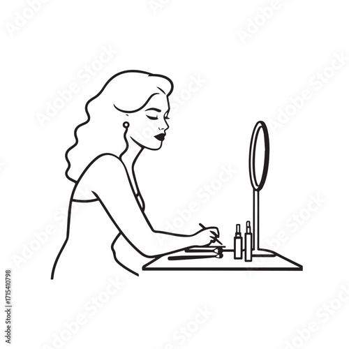 Black and white line art of a beautiful woman doing makeup at dressing table with mirror illustration