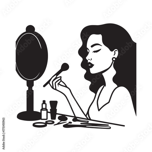 Black and white line art of a beautiful woman doing makeup at dressing table with mirror illustration
