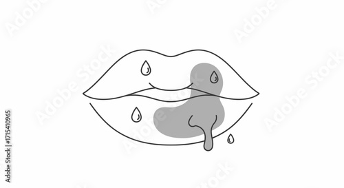 Minimalist line art illustration of human lips with drooling saliva and moisture.