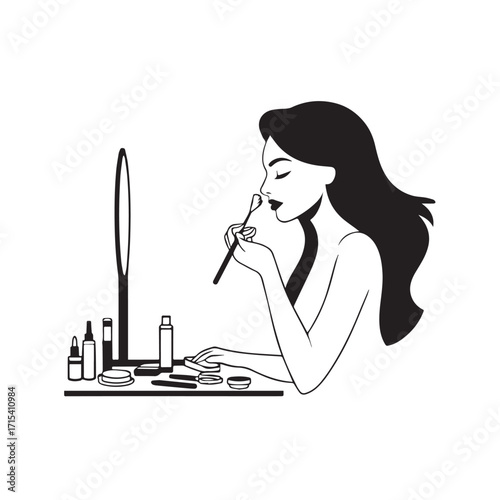 Black and white line art of a beautiful woman doing makeup at dressing table with mirror illustration