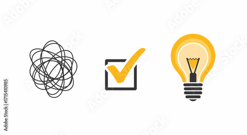 Problem solving process icons showing a transition from chaos and confusion to a clear idea or solution.
