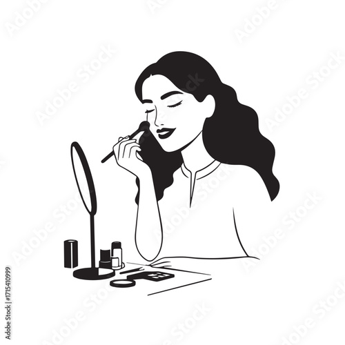 Black and white line art of a beautiful woman doing makeup at dressing table with mirror illustration