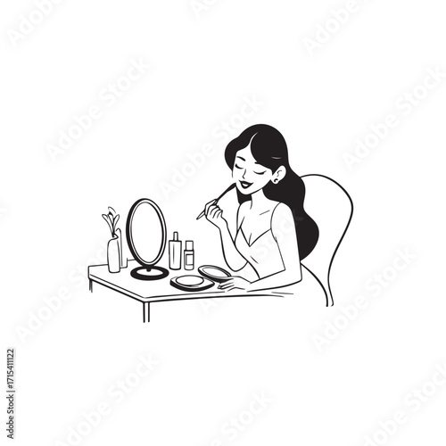 Black and white line art of a beautiful woman doing makeup at dressing table with mirror illustration